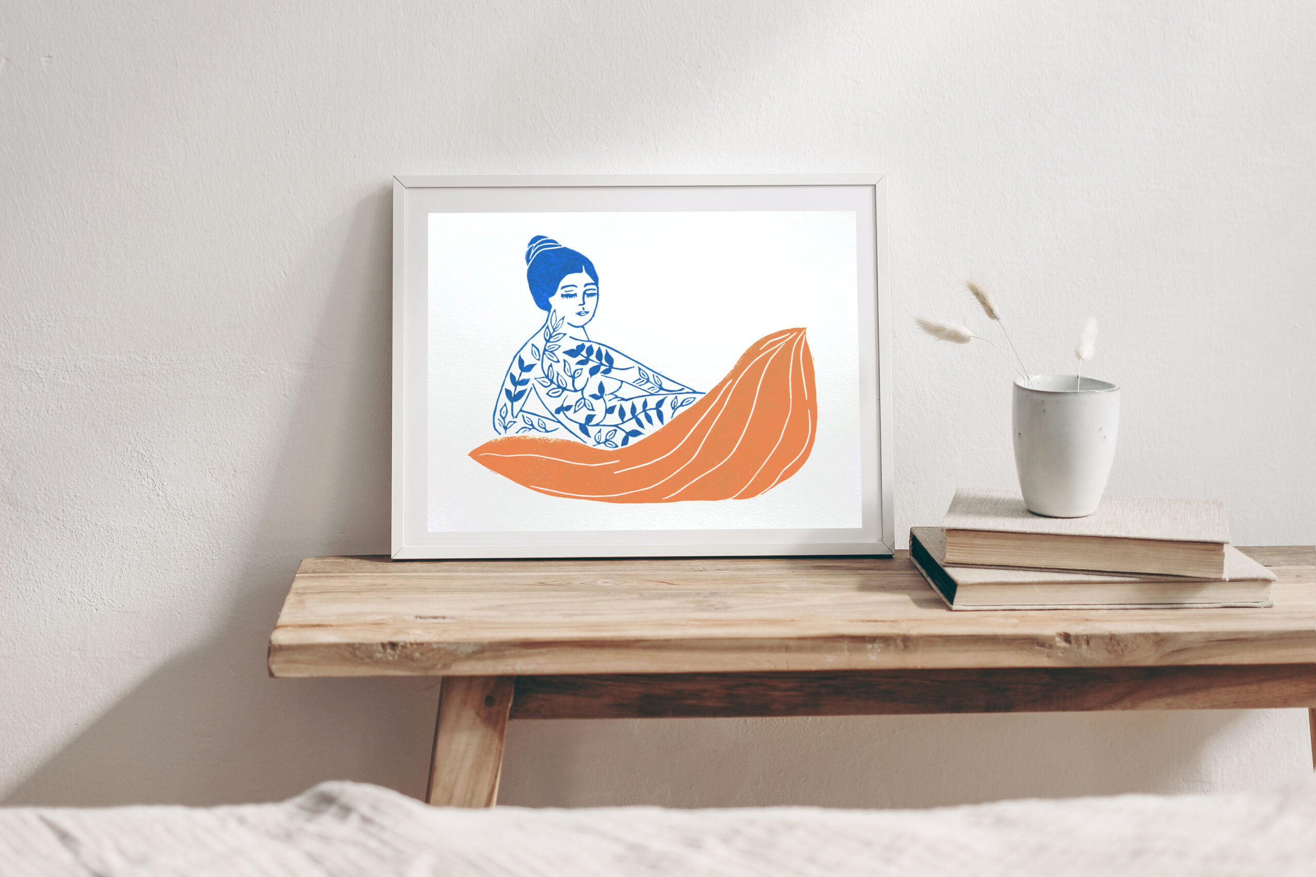 Horizontal white frame mockup on vintage wooden bench, table. Ceramic mug with dry Lagurus ovatus grass and books. White wall background. Scandinavian interior room design. Selective focus.